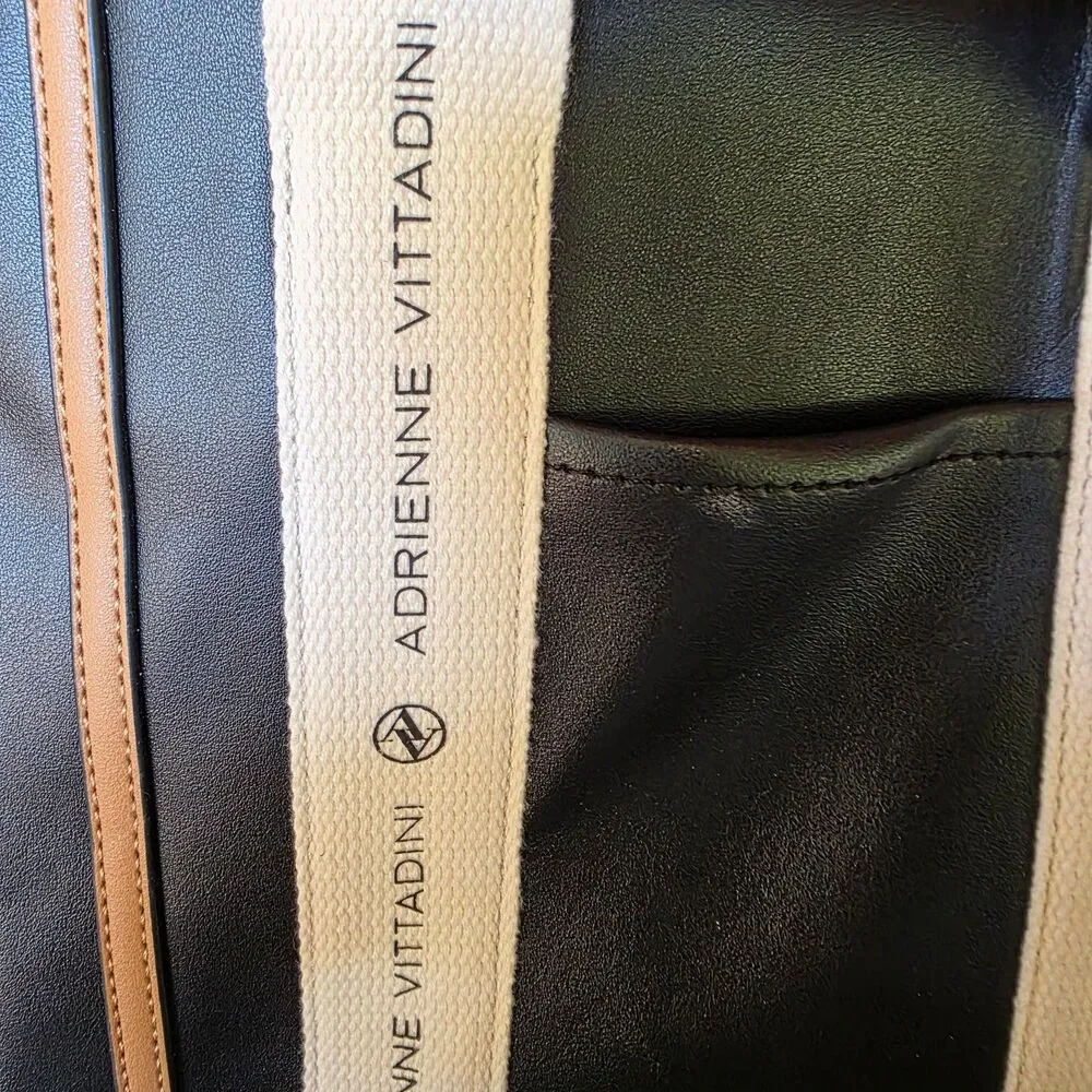 Adrienne Vittadini Black Tote Canvas Logo Straps w AV Charm Top Zip Closure EUC